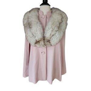 Lilli Ann Knits Fox Fur Collar Cape Womens One Size Vintage 1960s Old Money Pink